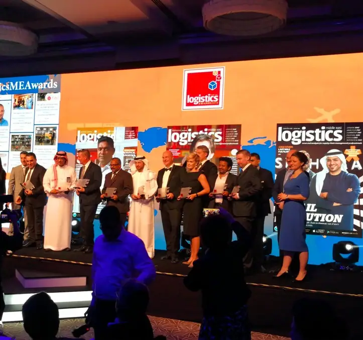 Winners, including ALS for Logistics Project of the Year, lined up on stage at the Logistics Middle East Awards 2015 in Dubai