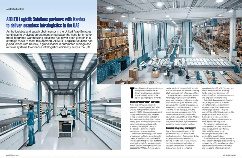 Global Supply Chain Magazine September 2025 spread on the AEDLER–Kardex partnership, showing vertical lift modules in use