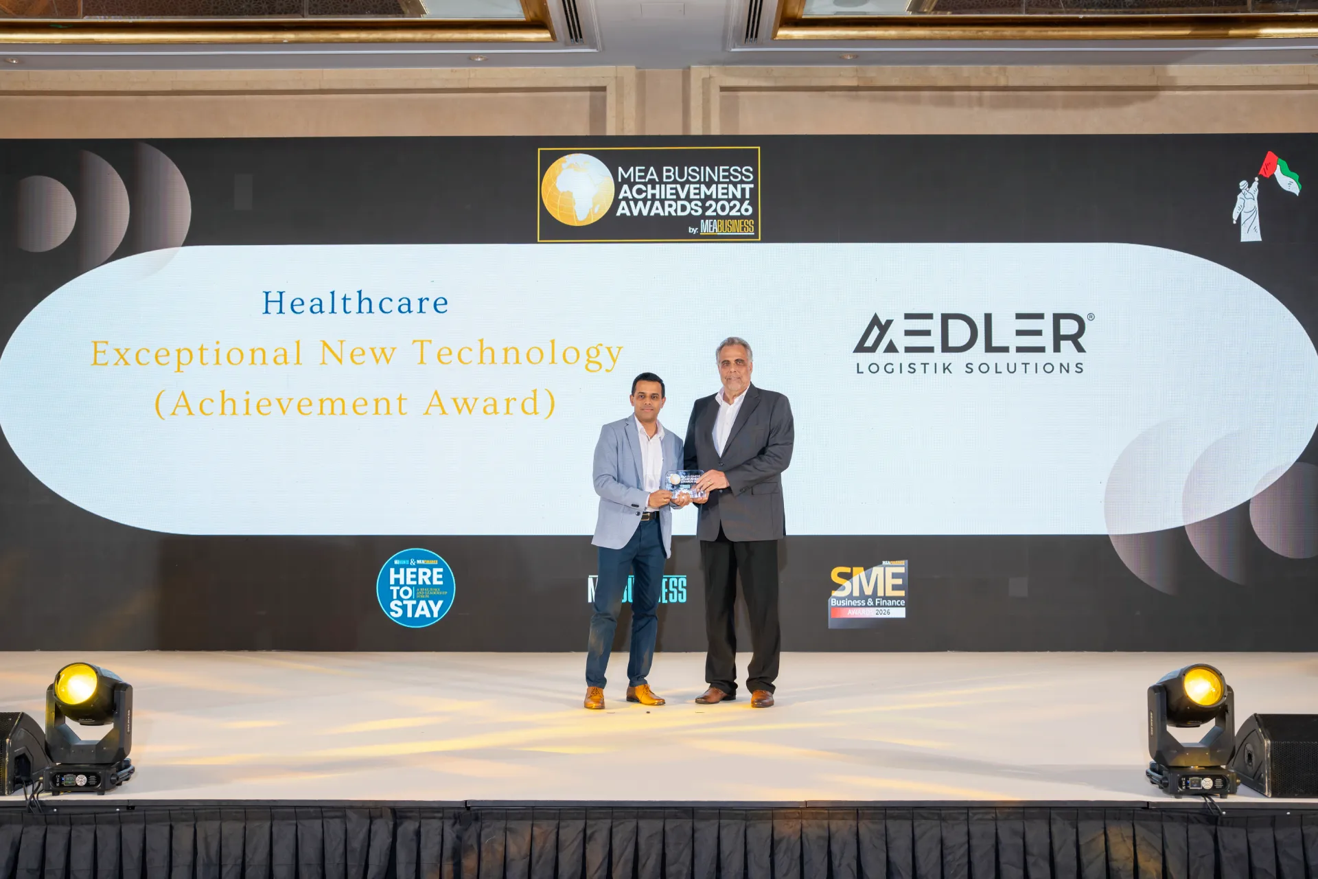 Healthcare Exceptional New Technology award presented to AEDLER on stage at the MEA Business Achievement Awards 2026