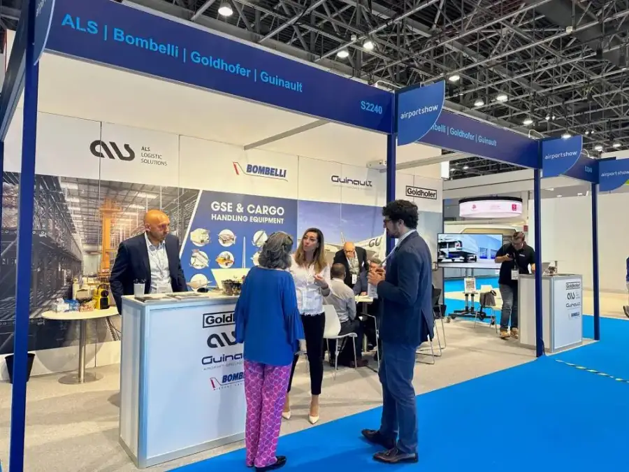 ALS team greeting visitors at the stand shared with Bombelli, Goldhofer and Guinault, Airport Show 2023 in Dubai