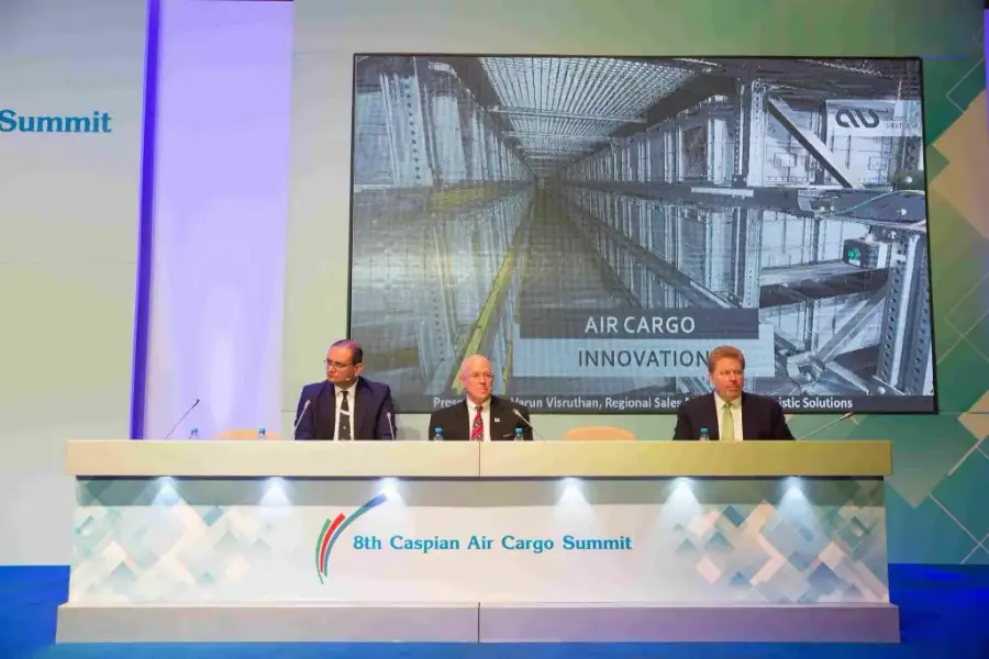 Panelists beneath an ALS “Air Cargo Innovation” slide at the 8th Caspian Air Cargo Summit 2019 in Baku