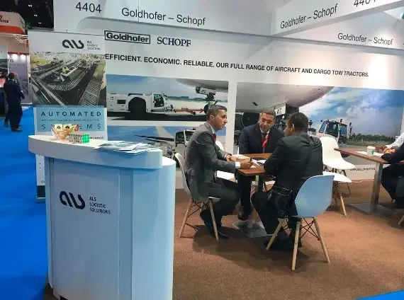 Meeting at the ALS and Goldhofer–Schopf stand in the German Pavilion at the Airport Show 2019 in Dubai