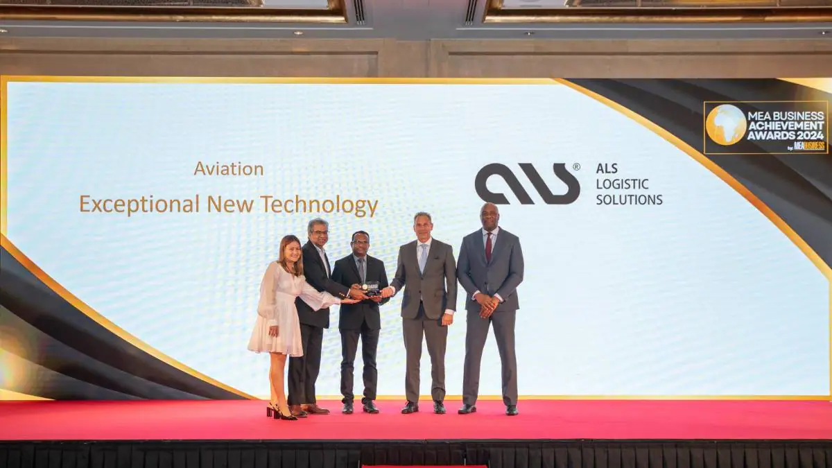 ALS team of five accepting the Aviation Exceptional New Technology award at the MEA Business Achievement Awards 2024 in Dubai