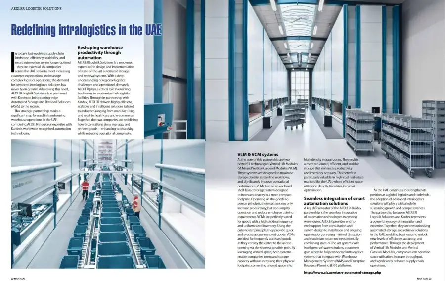 Global Supply Chain Magazine May 2025 article “Redefining intralogistics in the UAE” on AEDLER and Kardex storage systems