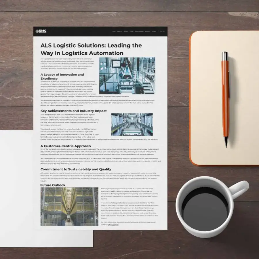Printed EMG Publishing article “ALS Logistic Solutions: Leading the Way in Logistics Automation” beside a coffee cup