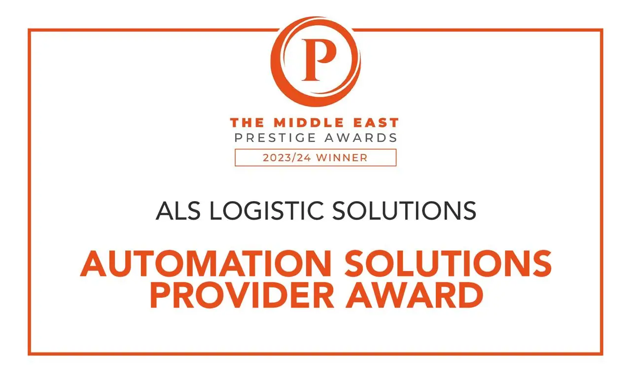 Orange-framed Middle East Prestige Awards 2023/24 winner graphic for the ALS Automation Solutions Provider Award