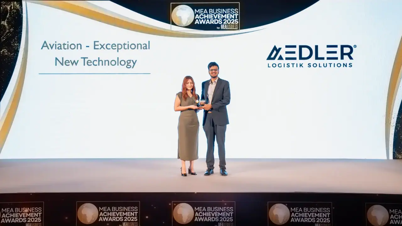 AEDLER team with the Aviation – Exceptional New Technology award on stage at the MEA Business Achievement Awards 2025