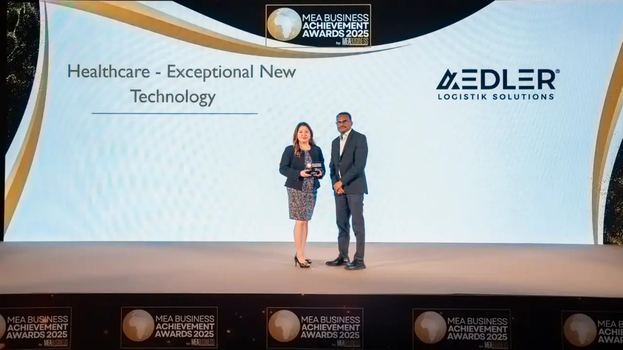 AEDLER team holding the Healthcare – Exceptional New Technology trophy at the MEA Business Achievement Awards 2025, Dubai