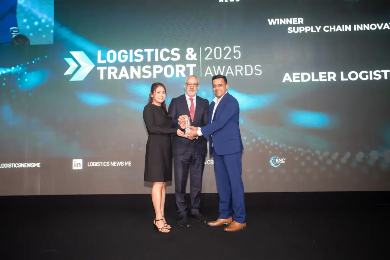 AEDLER team accepting the Supply Chain Innovator of the Year trophy at the Logistics & Transport Awards 2025 in Dubai